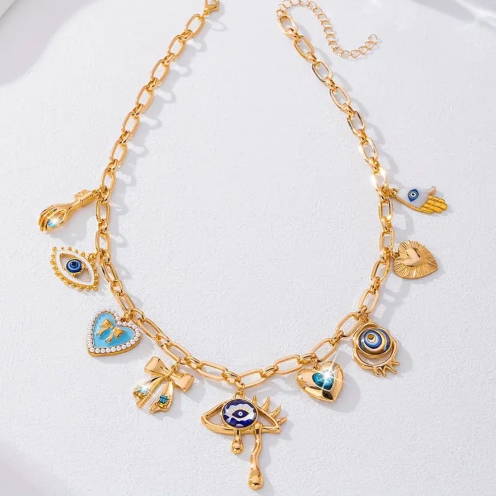 NEW Gold and Blue Charm Necklace with Astrology Pendants Handmade - Picture 6 of 7